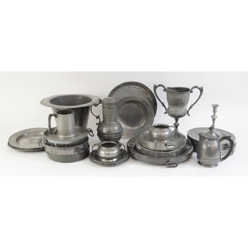 393 - A selection of pewter ware, to include a Liberty & Co Tudric pewter three-piece tea service, each nu... 