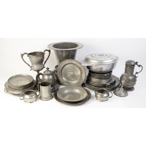 393 - A selection of pewter ware, to include a Liberty & Co Tudric pewter three-piece tea service, each nu... 