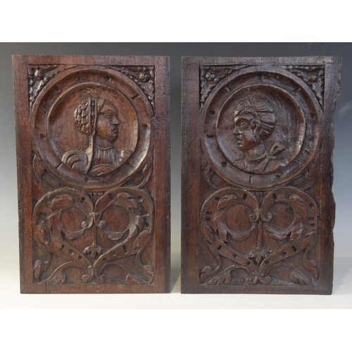 399 - A pair of Romayne type panels, circa 1540, depicting a male and a female, 39.5cm x 25.5, along with ... 