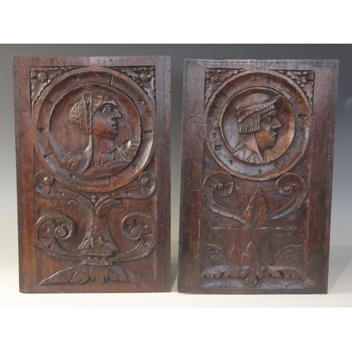 399 - A pair of Romayne type panels, circa 1540, depicting a male and a female, 39.5cm x 25.5, along with ... 