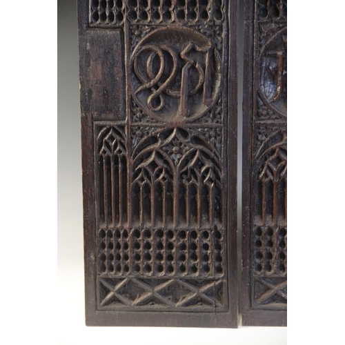 401 - A pair of tracery and christogram type carved panels, circa 1500, elaborately and intricately carved... 