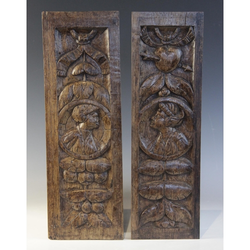 403 - A near pair of mid 16th century Romayne type panels, of slender proportions, designed as a central p... 