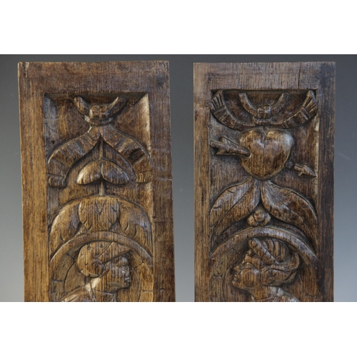 403 - A near pair of mid 16th century Romayne type panels, of slender proportions, designed as a central p... 