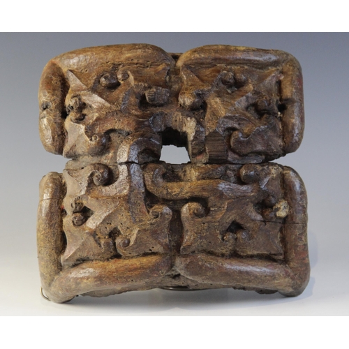 406 - A late 15th century walnut and polychrome decorated ceiling/roof boss, of leafy quatrefoil form, 22.... 