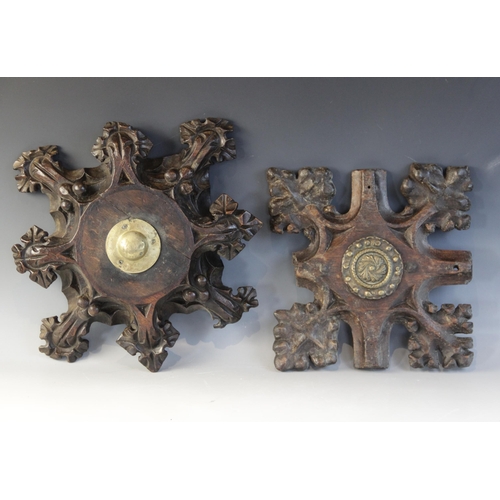 408 - Two late 15th century oak ceiling/roof bosses of barbed quatrefoil form, each with later central bra... 