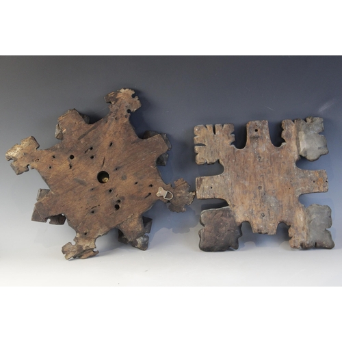 408 - Two late 15th century oak ceiling/roof bosses of barbed quatrefoil form, each with later central bra... 