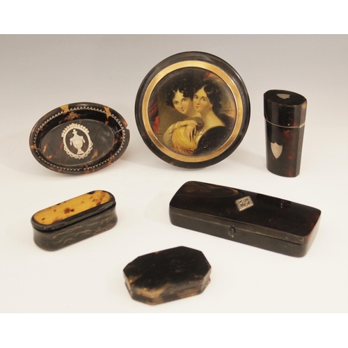 41 - A selection of tortoiseshell and tortoiseshell coloured boxes, 19th century and later, comprising a ... 