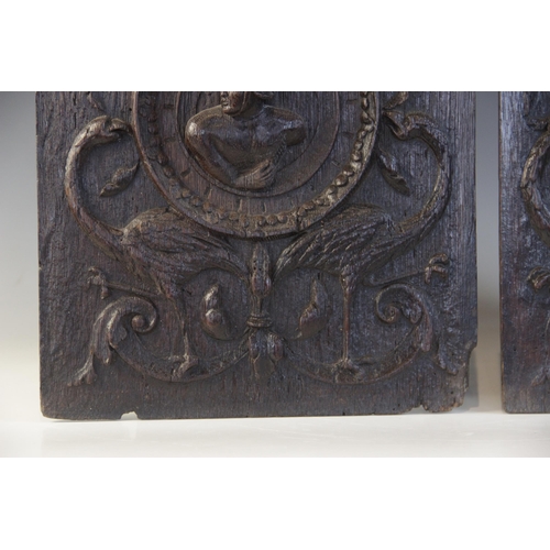 411 - A pair of oak Romayne type panels, circa 1630, one designed with a female bust, the other with a mal... 