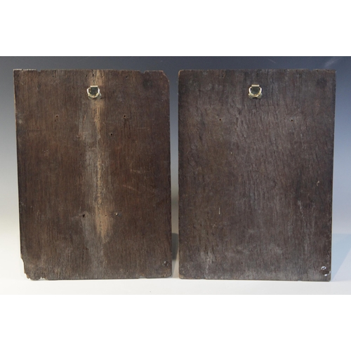 411 - A pair of oak Romayne type panels, circa 1630, one designed with a female bust, the other with a mal... 