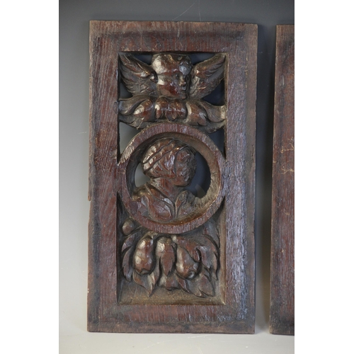 417 - A pair of 16th century oak carved and pierced Romayne type panels, one male, the other female, carve... 