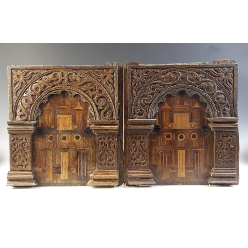 420 - A pair of Elizabeth I, Tudor, 16th century, carved oak and inlaid Nonsuch type panels, each designed... 