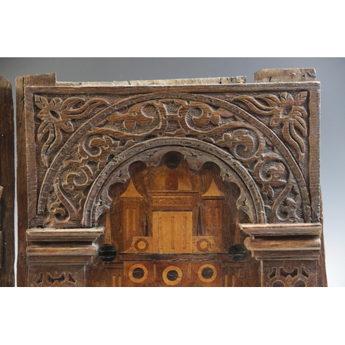 420 - A pair of Elizabeth I, Tudor, 16th century, carved oak and inlaid Nonsuch type panels, each designed... 