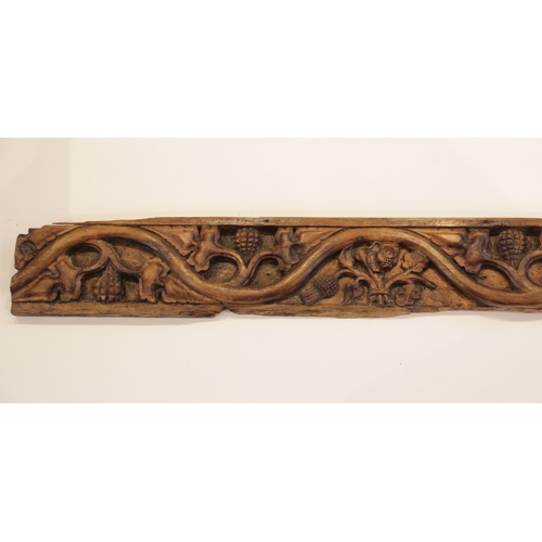 429 - An early 16th century pine frieze, designed with meandering fruiting foliage with central rose and t... 