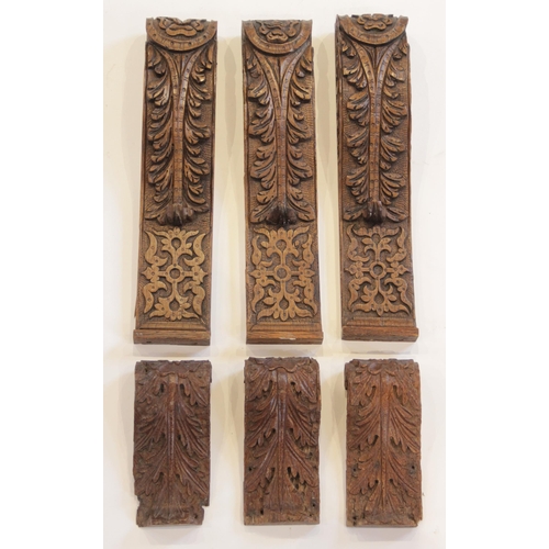 455 - Three 16th century leaf carved corbels, 24cm long together with three 19th century examples 55.5cm l... 