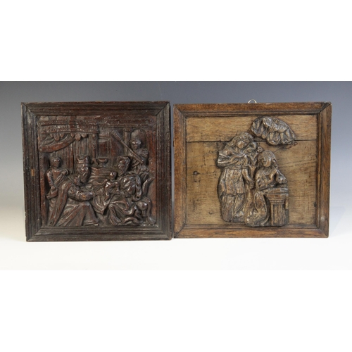 456 - A 17th century carved oak fragment panel of the annunciation, later mounted, 28cm H x 29.5cm W, toge... 