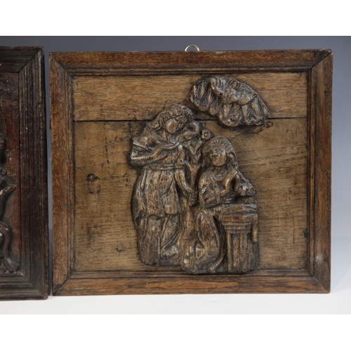 456 - A 17th century carved oak fragment panel of the annunciation, later mounted, 28cm H x 29.5cm W, toge... 