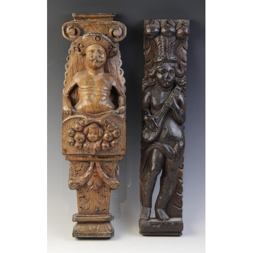 457 - A carved oak figural term, circa 1600, the standing figure carved playing a mandolin, 41cm long, tog... 