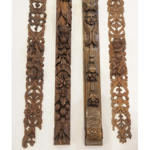 460 - An oak carved figural pilaster, Flemish, topped by lions mask above hanging fruit, foliage and flowe... 