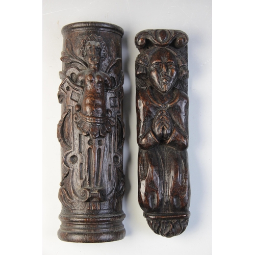 461 - An Elizabeth I carved oak figural mount on demi lune column, 26.5cm high, together with a small late... 