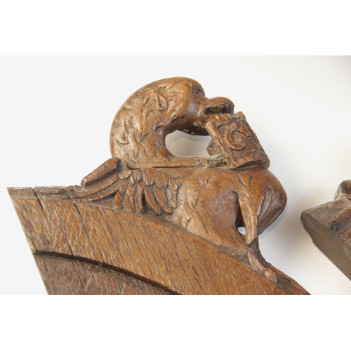 468 - A 15th century carved pew end section, carved with a grotesque bird, 22.5cm high and another similar... 