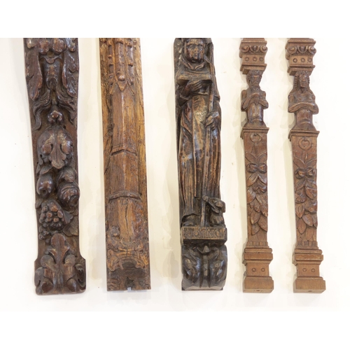 469 - A 15th century croquet spire pilaster, 73cm long, a 17th century Flemish pilaster, 77cm long, an oak... 