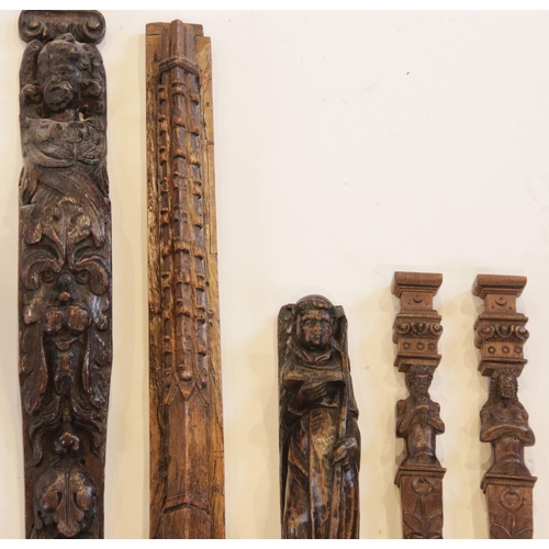 469 - A 15th century croquet spire pilaster, 73cm long, a 17th century Flemish pilaster, 77cm long, an oak... 