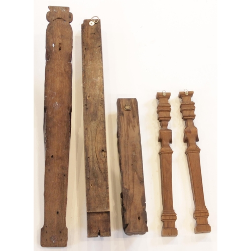 469 - A 15th century croquet spire pilaster, 73cm long, a 17th century Flemish pilaster, 77cm long, an oak... 