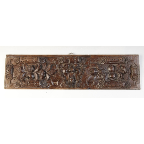 473 - A late 17th century naïve carved oak panel, designed with three dancing figures, 22cm x 53cm, a Roma... 