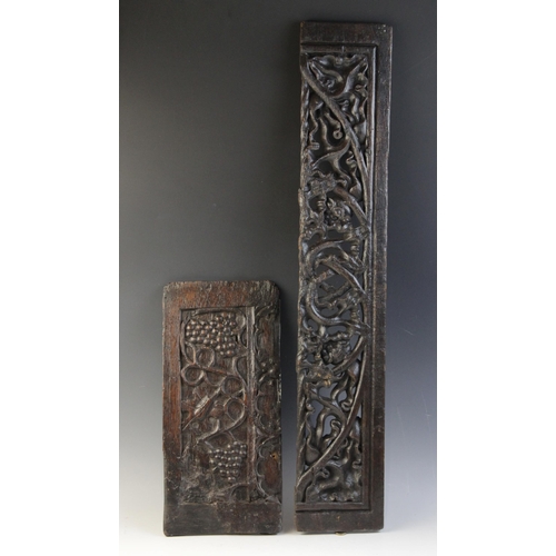 481 - An early 16th century carved oak panel, English, circa 1520, with fruiting vine, 18.5cm x 40cm toget... 