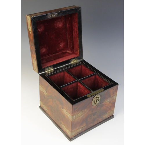 486 - A George III mahogany decanter box, the moulded square hinged cover with applied brass ring handle o... 