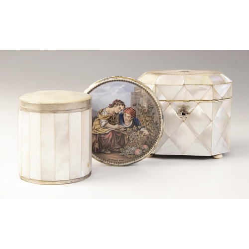 48A - A 19th century mother of pearl and ivory tea caddy, the rectangular caddy with canted corners raised... 