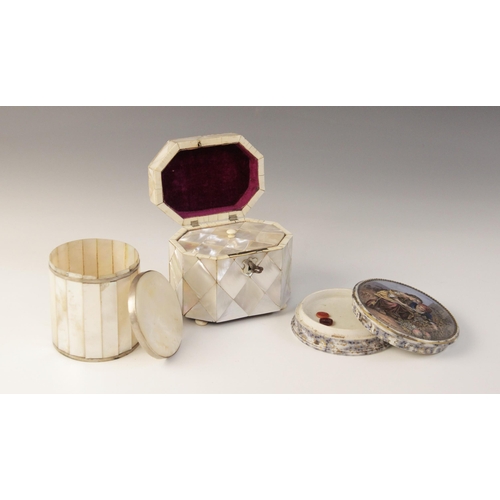 48A - A 19th century mother of pearl and ivory tea caddy, the rectangular caddy with canted corners raised... 