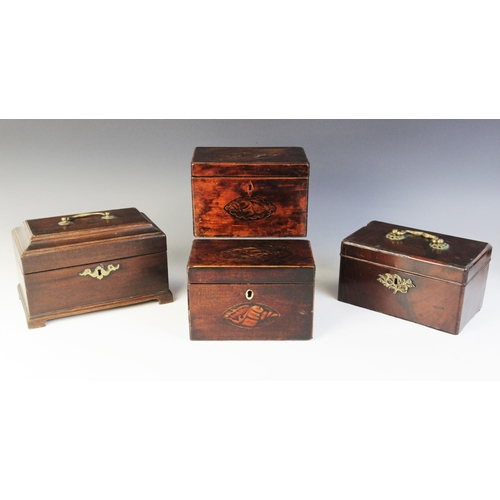 491 - A George II mahogany tea caddy, the moulded hinged top applied with a brass swing handle opening to ... 