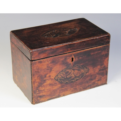 491 - A George II mahogany tea caddy, the moulded hinged top applied with a brass swing handle opening to ... 