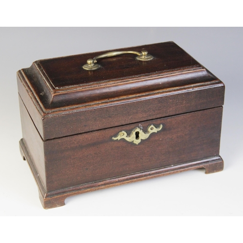 491 - A George II mahogany tea caddy, the moulded hinged top applied with a brass swing handle opening to ... 