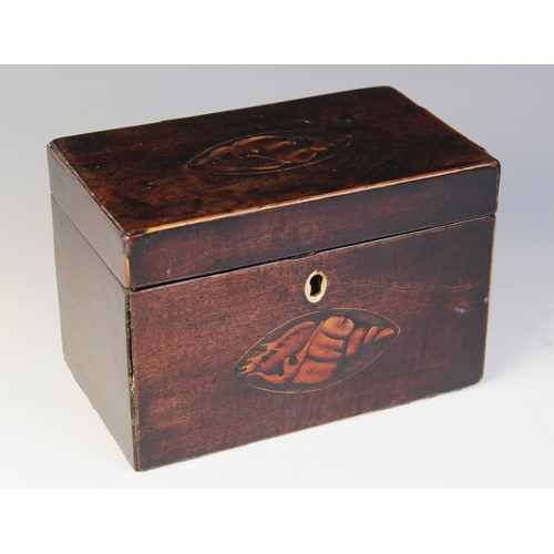 491 - A George II mahogany tea caddy, the moulded hinged top applied with a brass swing handle opening to ... 