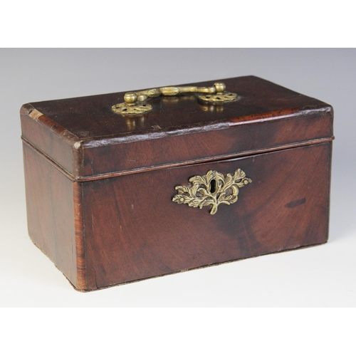 491 - A George II mahogany tea caddy, the moulded hinged top applied with a brass swing handle opening to ... 