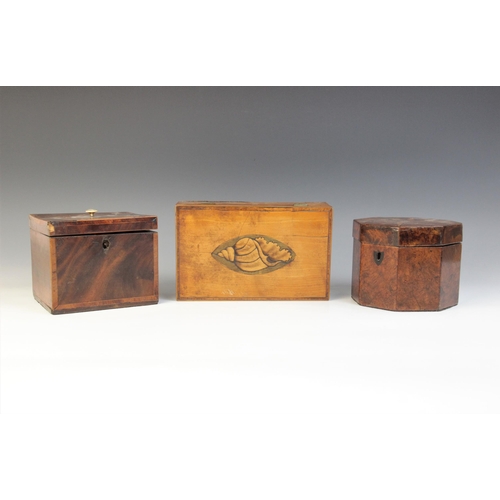 493 - A George III burr yew wood octagonal tea caddy, the hinged cover inlaid with star detail, opening to... 