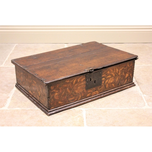 499 - A 17th century and later oak bible box, the hinged cover with a serrated edge above an iron lock pla... 