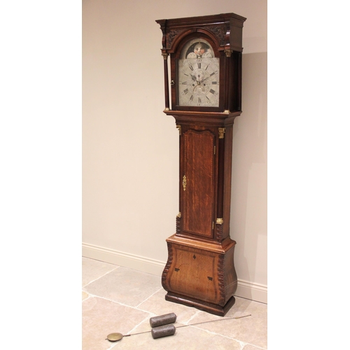 512 - * A George III oak cased eight day longcase clock by Johnson of Dudley, the flat top hood with frees... 