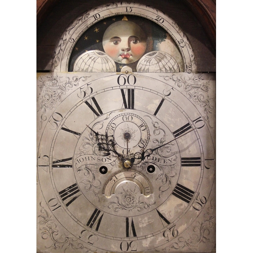 512 - * A George III oak cased eight day longcase clock by Johnson of Dudley, the flat top hood with frees... 