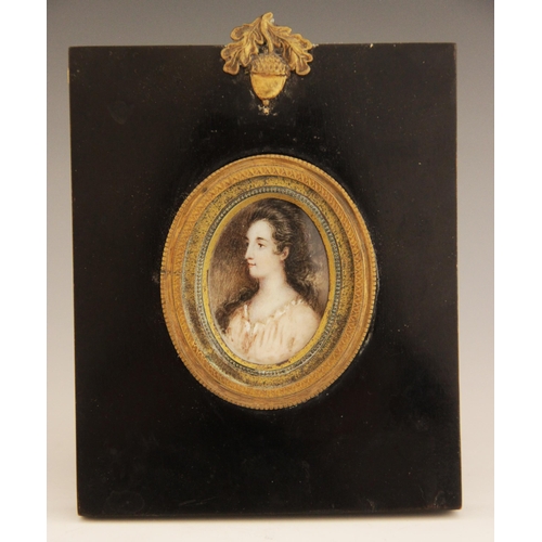 53 - English school (19th century), 
A portrait miniature depicting a young lady, 
Watercolour on ivory, ... 