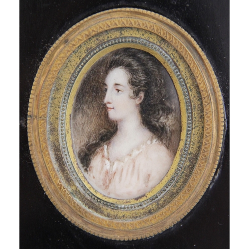 53 - English school (19th century), 
A portrait miniature depicting a young lady, 
Watercolour on ivory, ... 