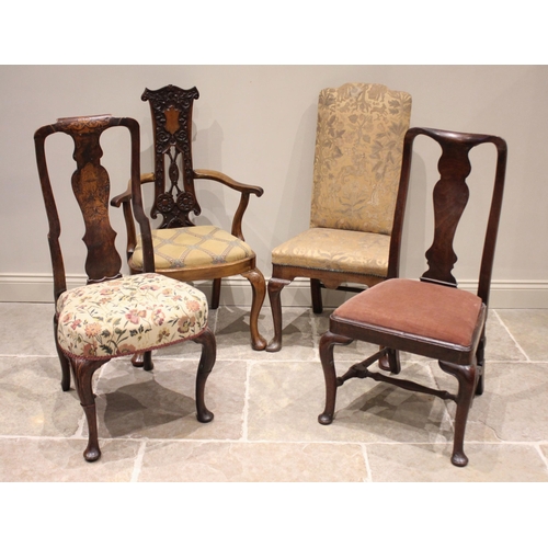 555 - An 18th century Dutch marquetry walnut chair, the vase shaped back inlaid with urn and foliate detai... 