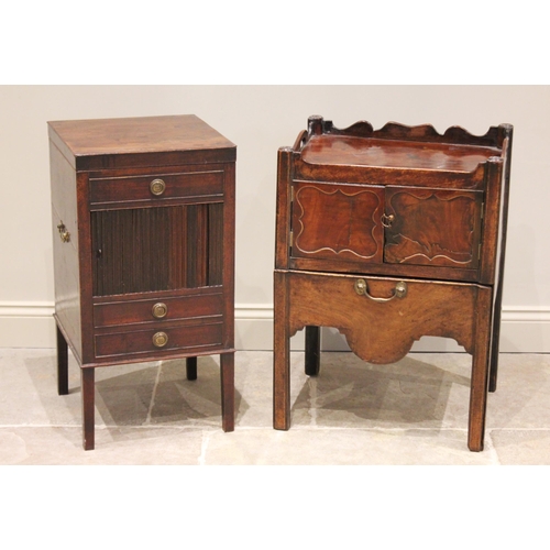 593 - A George III mahogany tambour front washstand, the top opening to a hinged interior mirror and bowl ... 