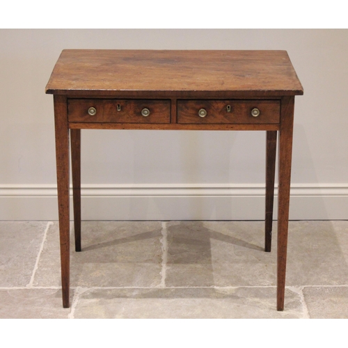 599 - A George III mahogany side table, of cottage proportions, the rectangular top over two oak lined fri... 