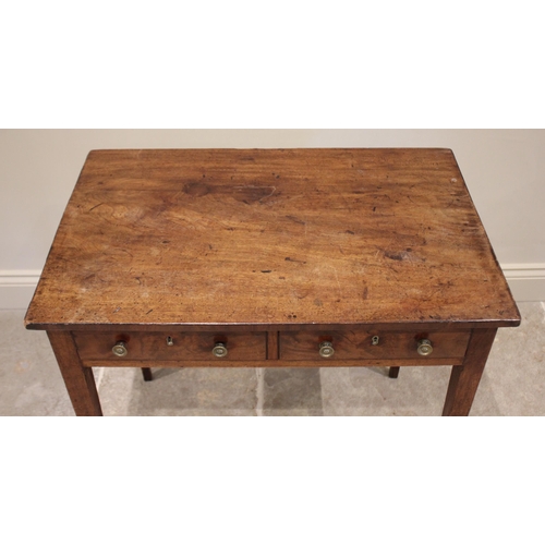 599 - A George III mahogany side table, of cottage proportions, the rectangular top over two oak lined fri... 