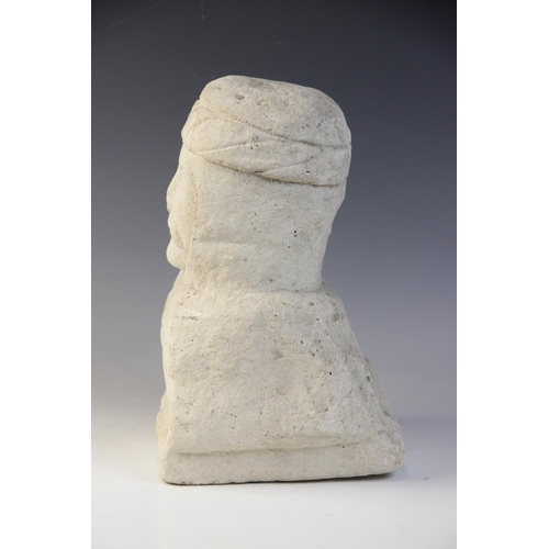 91 - A carved stone corbel depicting the bust of a noble gentleman with moustache and headdress, 31cm hig... 