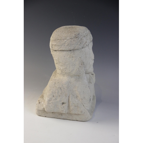 91 - A carved stone corbel depicting the bust of a noble gentleman with moustache and headdress, 31cm hig... 