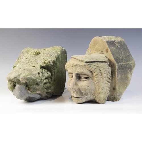 95 - A carved stone corbel in the medieval style, the distinctive male head carved wearing a scholars typ... 